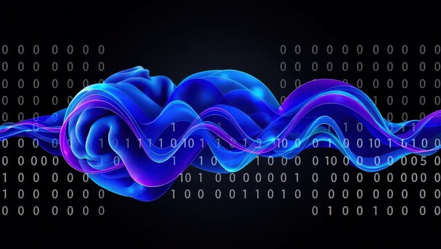 Abstract blue wave with binary code on a black background in a digital display style - Powered by Adobe