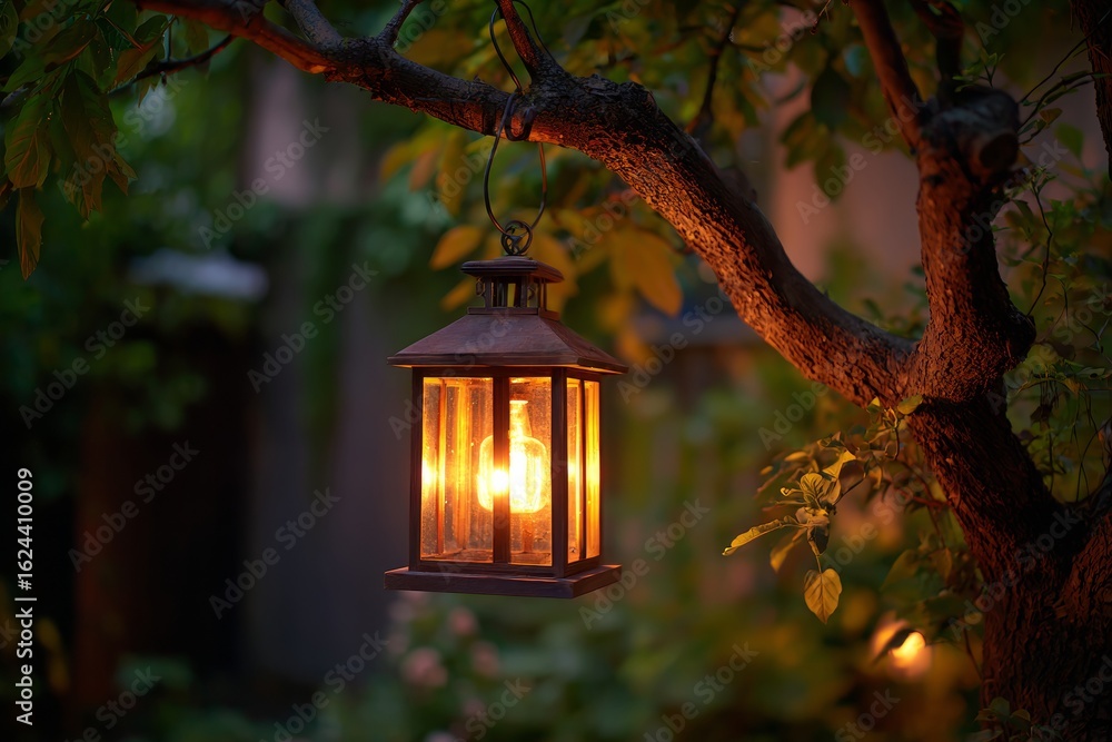 Poster a glowing lantern hangs from a tree branch, casting warm light in a tranquil garden at dusk. the set