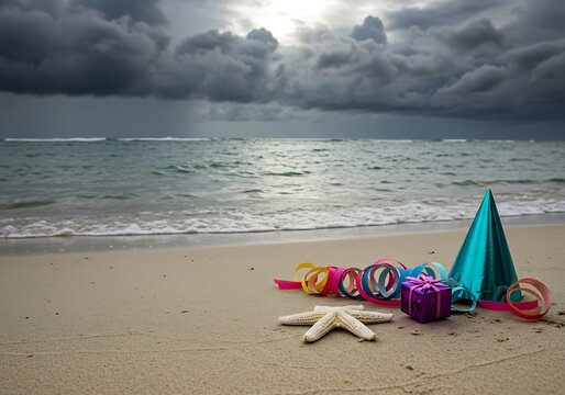 Colorful party decorations on a sandy beach with dark storm clouds