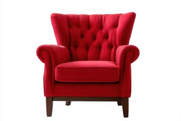 Elegant red tufted wingback armchair with rolled arms isolated on white background