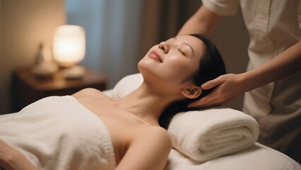 A woman receiving a relaxing head massage in a serene spa setting.