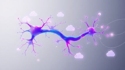 Fototapeta premium A vibrant neuron network with pink and blue hues against a soft grey background with cloud icons
