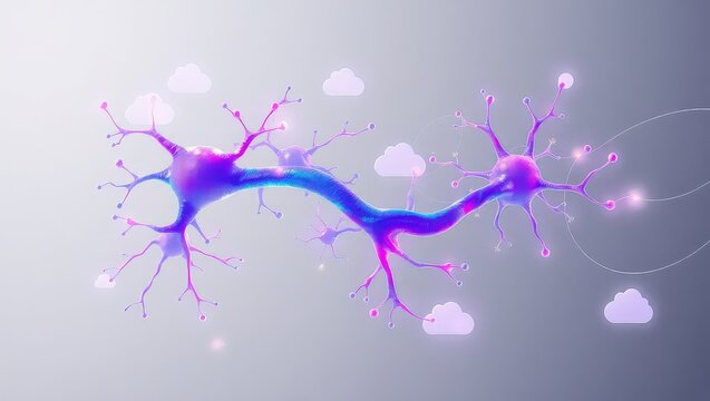 A vibrant neuron network with pink and blue hues against a soft grey background with cloud icons