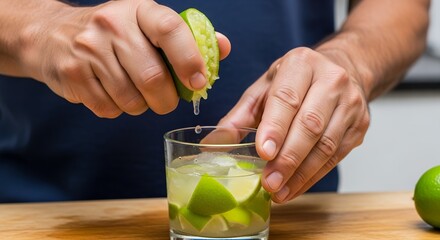 Hands squeezing lime juice into a glass with ice and lime slices, concept for summer beverages, cocktail preparation and refreshing drink.