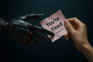 Human hand gives a 'You're Fired' notice to a robot, symbolizing human control over AI, job termination, and technological obsolescence.