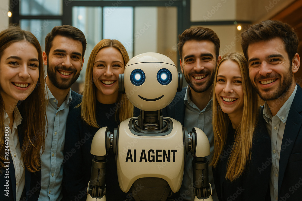 Poster a friendly ai agent robot posing for a group portrait with a successful and smiling business team, s