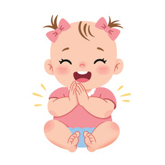 A cartoon baby girl with pink bows clapping her hands, smiling happily.