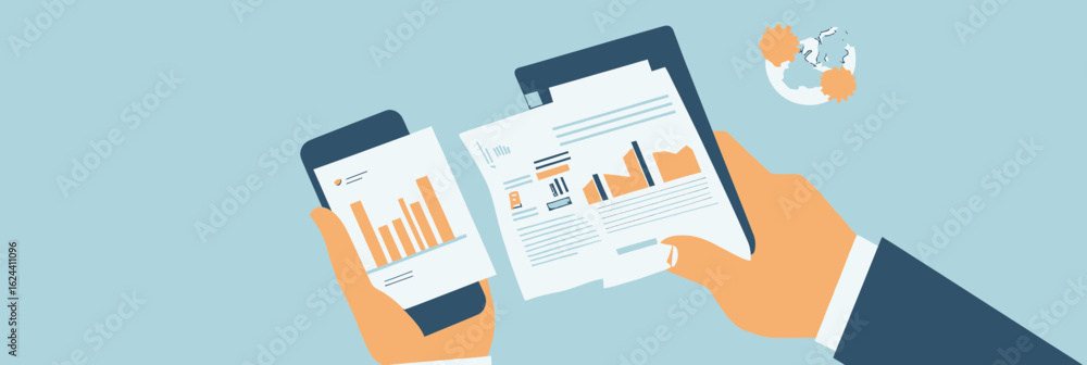 Poster hands holding mobile phone and printed documents with financial charts and data analysis reports on 