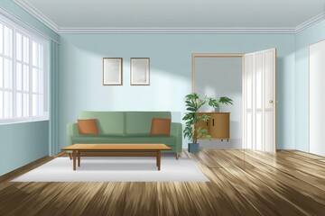 Light-filled living room with a muted color palette