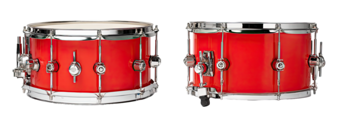 Two red snare drums with chrome hardware