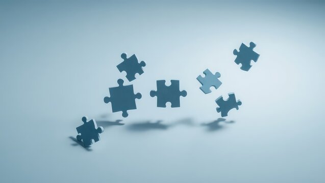 A collection of scattered blue puzzle pieces on a light blue background with soft shadows cast by the pieces