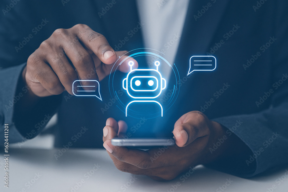 Poster businessman interacting with an ai chatbot on a smartphone. concept for virtual assistance, automate