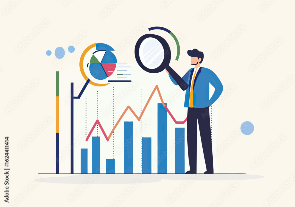 Poster businessman analyzing financial data with magnifying glass examining bar chart line graph and pie ch