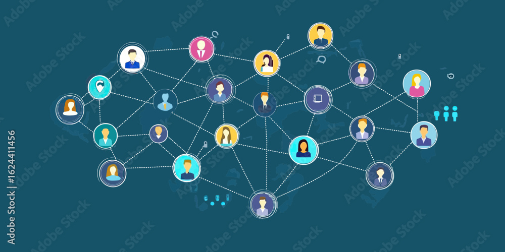 Poster social network connection illustration with diverse user icons linked by dotted lines on dark backgr