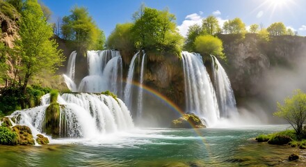 Obraz premium Beautiful waterfall cascading down rocks with a rainbow view