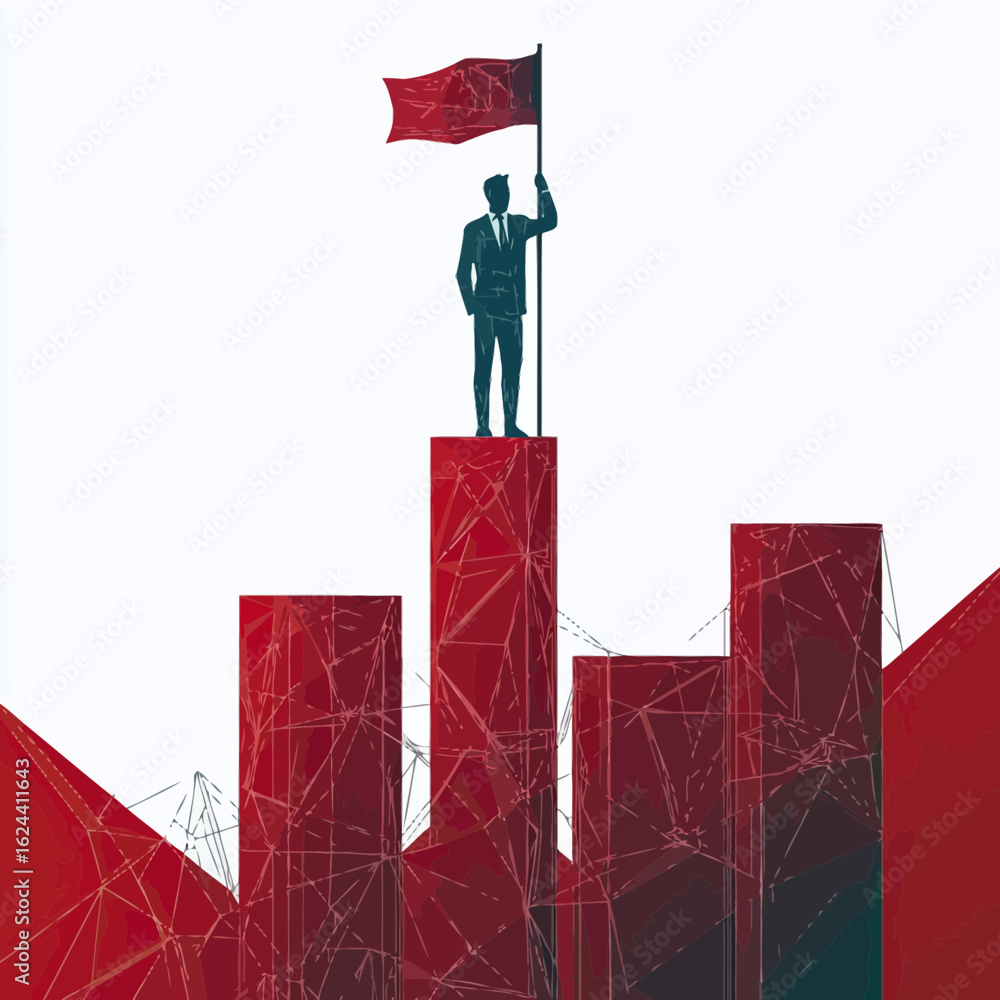 Aufkleber silhouette of businessman holding flag standing on top of red bar chart columns with polygon mesh li