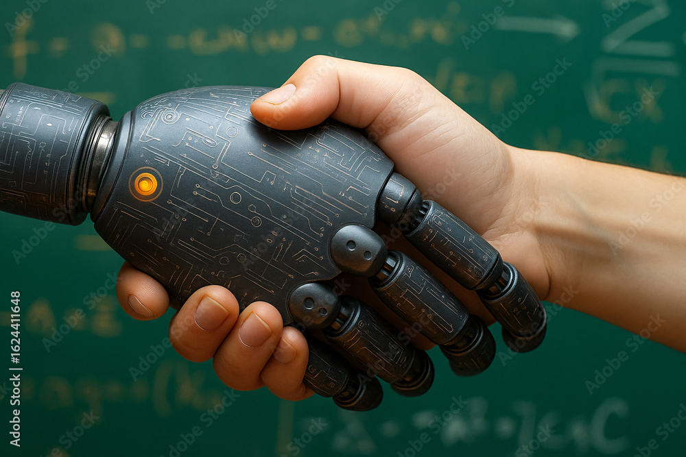 Poster handshake between a human and an ai robot in front of a chalkboard with scientific formulas, symboli