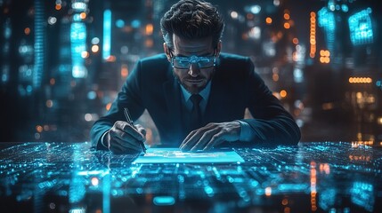 Futuristic Businessman Writing on Transparent Digital Interface in Cyberpunk Cityscape