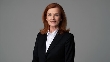 Confident mature woman in a dark suit poses against a neutral background in a studio setting.
