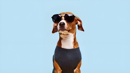 Cool dog with sunglasses and collar poses proudly on light blue backdrop for stylish portrait.