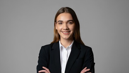 Smiling young woman in a dark business suit poses confidently with arms crossed, looking forward