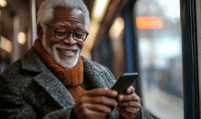 Happy elderly senior black African American man smiling at his phone on the subway, showcasing positive aging and the connection between technology and everyday life, Generative AI