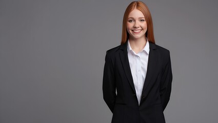Young woman with red hair and a warm smile, wearing business formal attire on gray backdrop.