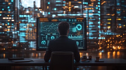 Sophisticated Businessman Analyzing Futuristic Data On Screen In Modern Office