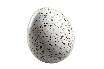 A single speckled bird egg with brown and black spots isolated on white background