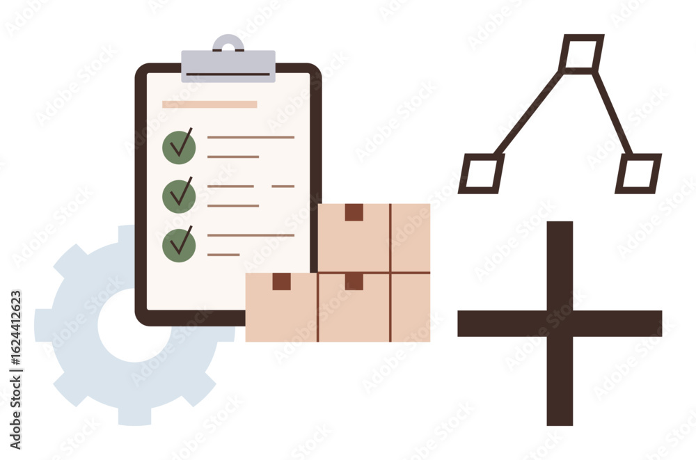 Poster gear, clipboard with checklist, stack of boxes, branching diagram, and plus sign. ideal for logistic