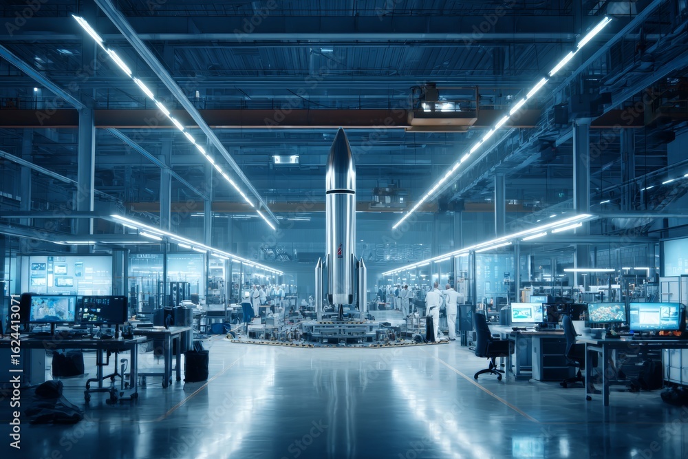 Aufkleber engineers are actively working on a sleek rocket prototype in a modern aerospace factory illuminated
