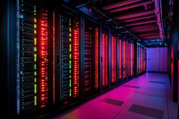 Glowing server racks emit vibrant colors in a high-tech data center, showcasing advanced technology and digital energy. The modern environment emphasizes efficiency and innovation