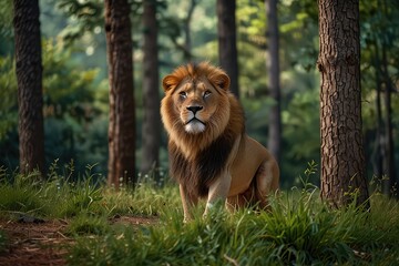 Powerful Male Lion in Natural Habitat, Wildlife Close-Up of Lion in Green Forest Background