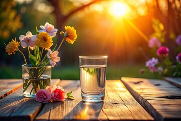 Sunset Minimalist Still Life: Glass of Water, Flowers, Wooden Table