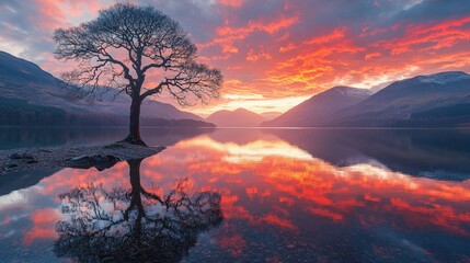 Serene sunset over tranquil lake with silhouetted tree
