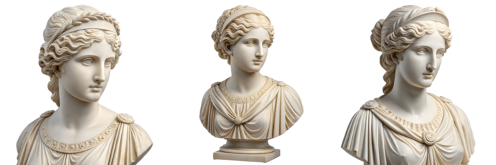 Set For marble sculptures of greek goddesses isolated on transparent background show antiquity