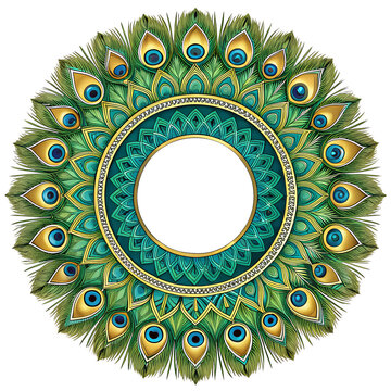 A circular mandala design featuring vibrant peacock feathers in shades of green and blue. The intricate pattern creates a mesmerizing visual effect.