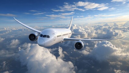 Sleek modern airplane soaring majestically above fluffy clouds under a bright blue sky