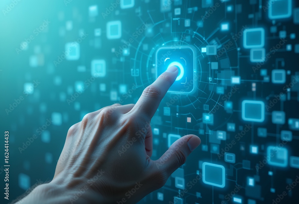 Poster close up of hand interacting with futuristic digital interface technology display