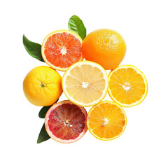 Citrus fruits arranged in a circular pattern, featuring various orange, blood orange, and lemon slices.  Fresh fruit with leaves