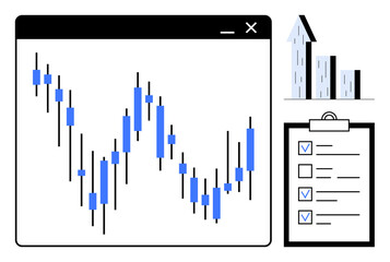 Financial chart with candlestick patterns, upward arrow symbolizing growth, and checklist for tasks. Ideal for finance, trading, investment, strategy, planning, analytics simple landing page