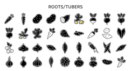 Fototapeta premium Root Vegetables & Tubers Icons: Solid Black Glyphs for Food