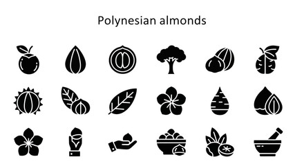 Polynesian Almond Icons: Solid Black Glyphs for Nuts & Tropical Food