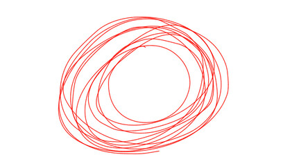Red scribble circle made of multiple hand drawn loops on transparent background for highlights, notes, or graphic accents