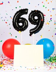 Blank paper with room for own message. Balloon number 69 for 69th birthday or anniversary party