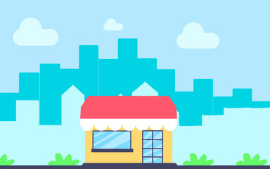 Flat vector illustration of a small shop or house with a red roof, large glass window, and cityscape background. Perfect for use in business, real estate, startup, or urban lifestyle themed designs.
