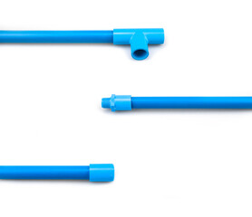 Blue PVC pipe set, separate on a white background, blue plastic water pipe, PVC accessories for plumbing work Plumber equipment Bend and connect the three-way plastic pipe to drain the waste water.