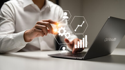 Confident professional analyzing Q4 business growth metrics with innovative digital interface