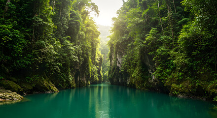 Enchanting emerald river flowing through a lush tropical rain forest canyon with dense vegetation