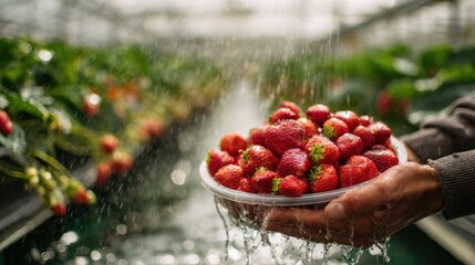 Close-up shows hands holding a bowl overflowing with fresh, red, ripe strawberries under a light shower